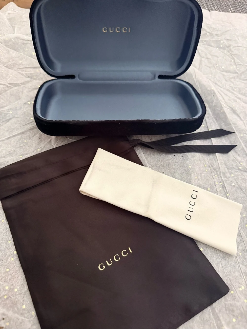 Gucci Black Exterior Sunglasses Case with Blue Interior and White Soft Pouch